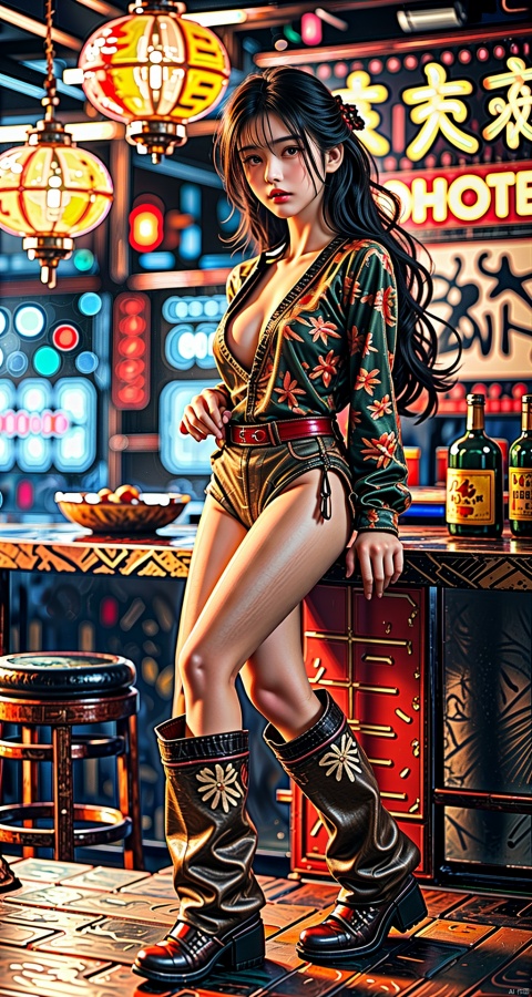  (upper thighs shot:1.3), (cowboy shot:1.3),1girl,solo,long hair,depth of field,blurry background,bar (place),neon lights,fanhuaZ,,(full body:1.1),, (high quality), best quality, (4k), 8k, super detailed, (full detail), (masterpiece), (realistic), super detailed,(Exquisite details) ,intricate,