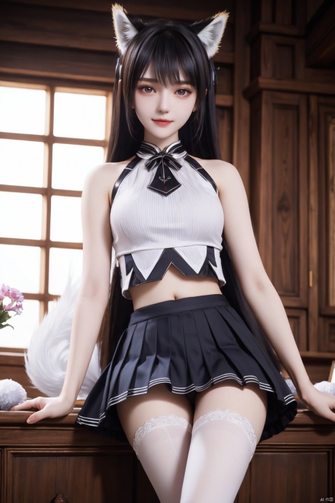 best quality, masterpiece, realistic,cowboy_shot,(Good structure), DSLR Quality,Depth of field,kind smile,looking_at_viewer,Dynamic pose, 
1girl, solo, large breasts, looking at viewer, blush,   skirt,  shirt, thighhighs, navel, holding, animal ears, bare shoulders, underwear, standing, panties, tail, , white shirt, thighs,, pleated skirt, , sleeveless, midriff, black thighhighs, indoors, miniskirt, stomach, white panties, crop top, animal ear fluff, bare arms, fox ears, sleeveless shirt, fox tail, halo, pantyshot, white skirt, fox girl, brown thighhighs, cheerleader, pom pom \(cheerleading\), crop top overhang, holding pom poms,   , xiaoyixian,white_hair, blackpantyhose，sitting
