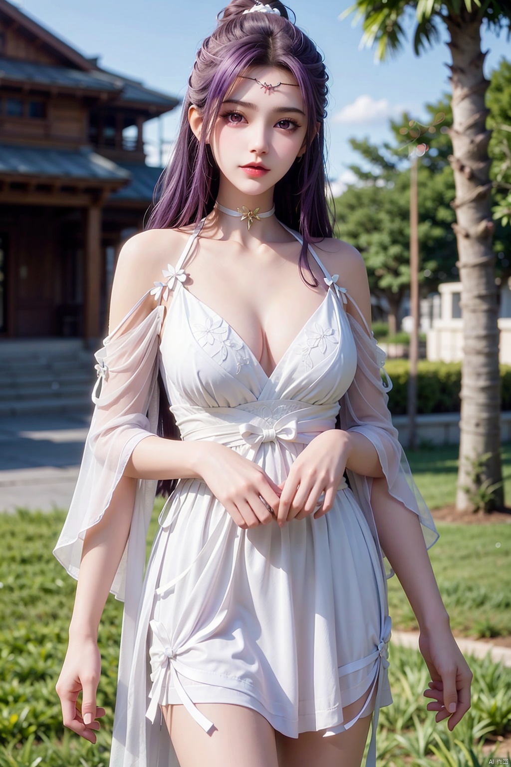  1girl, breasts, collarbone, dress, hair_ornament, holding_clothes, lips, lipstick, long_hair, looking_at_viewer, makeup, medium_breasts, outdoors, purple_eyes, purple_hair, see-through, see-through_silhouette, solo, standing, white_dress, white_ribbon