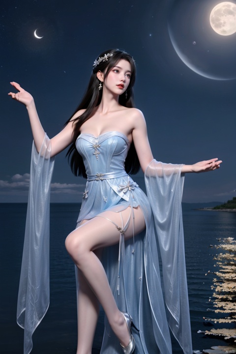 Girl, bare legs, black hair, flying hair, tulle shawls, flying clothes, streamers, breasts, (((light blue strapless tulle dress))) , crossed legs, clothes, earth (planet) , Meteor, (colorful Sky) , (beautiful night sky) , flowers, (full moon) , lake, lips, long hair, (Moon) , night, ocean, petals, planet, coast, standing, soaking feet, solo, very long hair, water, (close shot) 