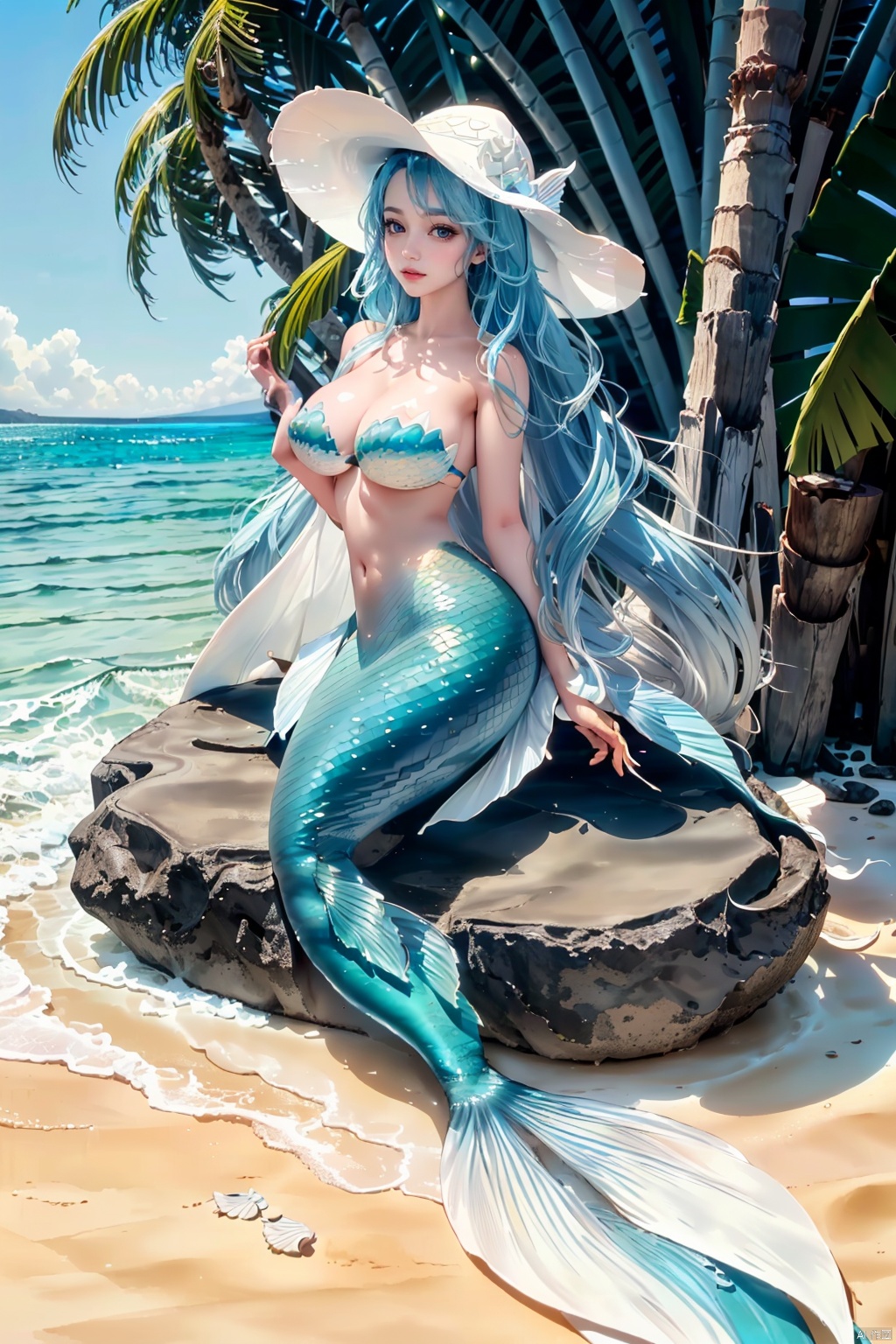  Masterpieces, superb visuals, high definition, ultra-detail, exquisite detail, solo, (blue hair) , (beautiful detail eyes) , ((mermaid) , lovely, coconut in hand, ((sitting on a rock)) , (mermaid tail) , perfect figure, (body) , a blue-haired mermaid, humanoid shell, white shell coat, (shell coat and hat) . Kneeling on the beach with a surfboard, ((coconut trees and shells on the beach) , Sweet Lola, Doria, blue hair, (Poakl) , coconut trees, gulls, blue sea, high waves, 1girl