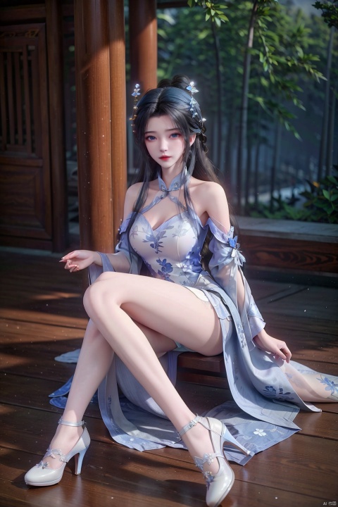 One girl, bare shoulders, blue eyes, blue hair, breasts, white floral cheongsam, fur hat, high heels, long hair, look at the audience, medium breasts, realism, sit, solo, white dress, white shoes, sit, snow,