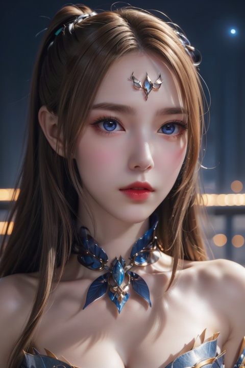  masterpiece, best quality, 1girl, colorful, colorful_hair, highest detailed, detailed gorgeous face, detailed_eyes, (light in eyes), ray_tracing, night_sky, Dreamy Atmosphere, cosplay, detailed_background, middle_breasts,