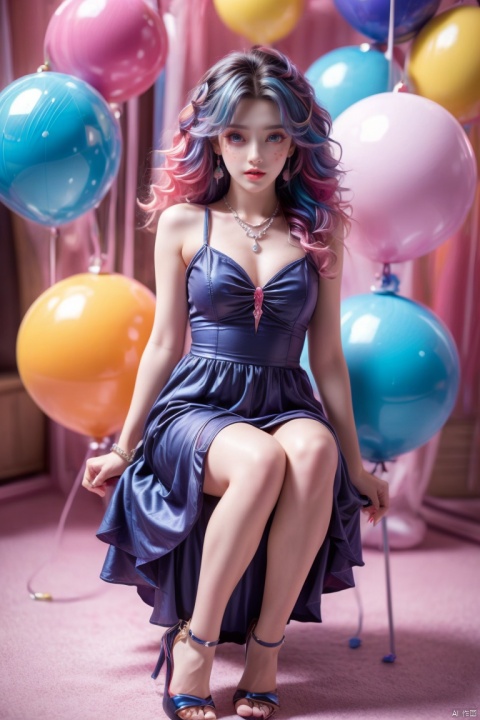  1girl, solo, long hair, looking at viewer, blue eyes, hair ornament, dress, bow, bare shoulders, jewelry, blue hair, (full body:1.3), pink hair, heart, multicolored hair, earrings, parted lips, artist name, necklace, lips, wavy hair, pink dress, freckles, curly hair, pearl necklace,candy, makeup, multicolored hair,lollipop,long legs,high heels
