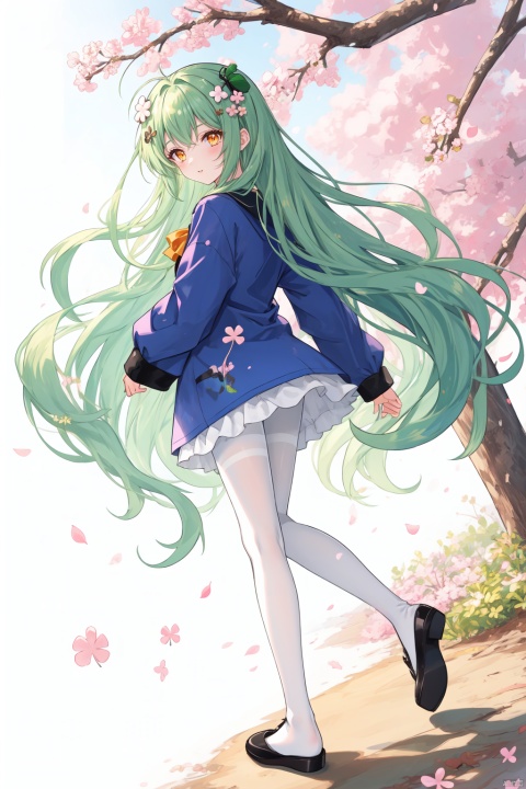  1girl,mint hair,orange eyes,clover hair ornament,long hair,disheveled hair,messy hair,plum blossoms,blue pajamas,branch,dragonfly,full body,mismatched legwear, white legwear, black legwear,pantyhose, xinniang, backlight, black pantyhose, white pantyhose, vibrantProj