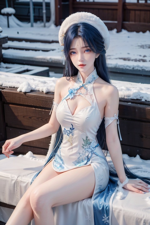 Girl, bare shoulders, blue eyes, blue hair, breasts, white floral cheongsam, China dress, Chinese dress, skirt, white fur hat, long hair, looking at audience, medium chest, parted lips, rifle, outdoor, blue sky, Snowflake, sitting on the snow, in the snow, solo, white skirt