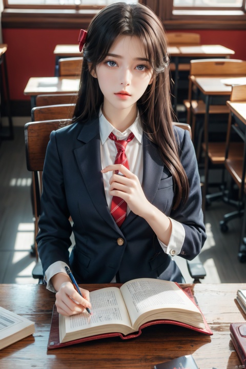1girl, blonde_hair, book, book_stack, bookmark, bookshelf, bow, breasts, brown_eyes, chair, classroom, clipboard, day, desk, eraser, hair_bow, holding, holding_book, holding_pen, indoors, library, long_hair, looking_at_viewer, mechanical_pencil, menu, necktie, notebook, office, open_book, paper, pen, pencil, pencil_case, reading, red_bow, red_necktie, school, school_chair, school_desk, school_uniform, sitting, solo, window, writing