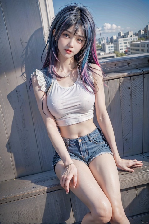 1 girl, (sexy fishnets) , barefoot, (((rainbow hair)) , (jeans shorts) , breasts, (white vest) , long legs, sitting on the steps, outdoor, Blue Sky, sun, head tilted, lips, midchest, abdomen, navel, shadow, shorts, single, standing, vest, against the wall, (hands in pockets) , close shot,