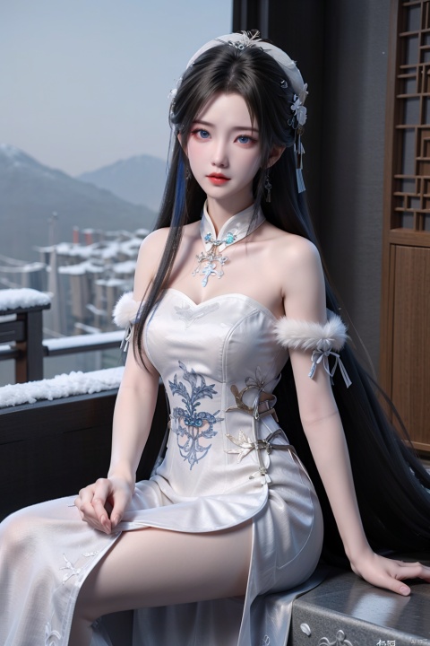 Girl, bare shoulders, blue eyes, blue hair, breasts, white floral cheongsam, China dress, Chinese dress, skirt, white fur hat, long hair, looking at audience, medium chest, parted lips, rifle, sitting, snow, solo, white dress