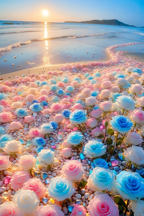  The edge of the white beach is covered with colorful glowing creatures and pebbles, and the picture is a light blue transparent one. The heart sprinkled on the sand is a light blue rose, with various colors, artistic optics, smooth and transparent glowing creatures and pebbles, heart-shaped, pink stones laid out in a heart-shaped shape, marble, sunlight, ultra wide perspective, sunlight ocean volume light, surrealism, ultra wide field of view, aerial photography, ultra wide field of view, ultra high definition image quality, 8K, high detail, rendered to octane value, ultra long lens, beautiful sunshine