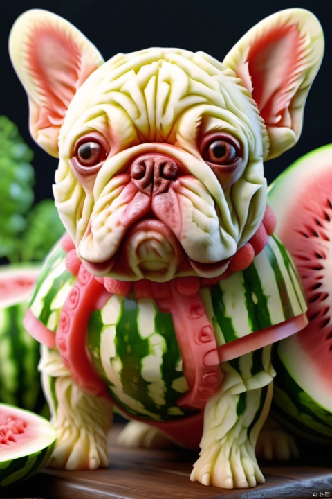  watermeloncarving,super cute fluffy French Bulldog warrior in armor, photorealistic, 4K, ultra detailed, vray rendering, unreal engine, mysterious, masterpiece, best quality,super realistic,crazy etails