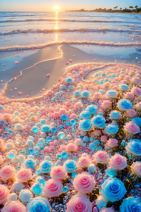 The edge of the white beach is covered with colorful glowing creatures and pebbles, and the picture is a light blue transparent one. The heart sprinkled on the sand is a light blue rose, with various colors, artistic optics, smooth and transparent glowing creatures and pebbles, heart-shaped, pink stones laid out in a heart-shaped shape, marble, sunlight, ultra wide perspective, sunlight ocean volume light, surrealism, ultra wide field of view, aerial photography, ultra wide field of view, ultra high definition image quality, 8K, high detail, rendered to octane value, ultra long lens, beautiful sunshine