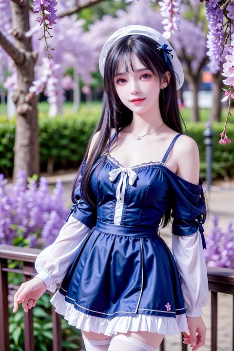  Girls, Bangs, nice white hat, black collar, blue sky, bow, twigs, cherry blossoms, collar, collarbone, day, (Blue Lolita Skirt) , petals, lace, flower, Hat Flower, on the tree, long hair, long sleeves, looking at the audience, outdoors, pantyhose, petals, petals on the liquid, pink flowers, plum, black eyes, purple flowers, railing, standing under the tree, Sky, Blue Sky, Smile, solo, spring, standing, tree, long hair, blue and white skirt, white suspenders, Wisteria