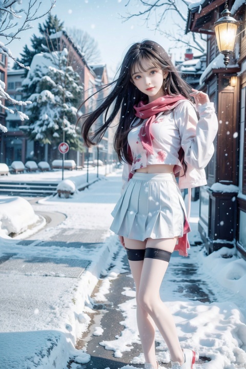  1 girl,Transparent skirt,pink face,stockings,(snow:1.2),(snowing:1.2),peach blossom,snow,solo,scarf,black hair,smile,long hair,bokeh,realistic,long coat,blurry, captivating gaze, embellished clothing, natural light, shallow depth of field, romantic setting, dreamy pastel color palette, whimsical details, captured on film,. (Original Photo, Best Quality), (Realistic, Photorealistic: 1.3), Clean, Masterpiece, Fine Detail, Masterpiece, Ultra Detailed, High Resolution, (Best Illustration), (Best Shadows), Complex, Bright light, modern clothing, (pastoral: 1.3), smiling,standing,(very very short skirt:1.5),knee socks,(white shoes: 1.4),long legs, forest, grassland,(view: 1.3), 21yo girl, striped, wangyushan, capricornus, 1girl, light master,police,pencil_skirt,yellow_dress