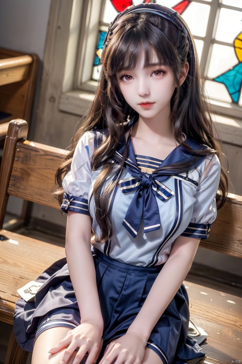 (only one woman: 2) , beautiful 18-year-old Japanese woman, (a high school girl in a short-sleeved satin sailor uniform: 1.5) , (strict Japanese girls' school sailor uniform: 1.5) , (close-fitting sailor uniform: 1.5) , large breasts, (high school girls sitting on church benches: 1.2) , (high school girls sitting on church benches: 1.2) , (background stained glass: 1.5) , (1 screen) , 8k, original photos, top photos, makeup, stunning realistic photos, -LRB-cinematic lighting: 1.5) , (perfect proportions) , (cute women lJapanesenese idols: 1.5) , detailed face, detailed eyes, detailed nose, detailed skin, (beautiful long hair: 1.5) , (transparent bangs: 1.5) , smile: 1.2) , (from the front) , and look up at the camera