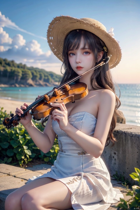 1girl, solo, impasto, best quality,depth of field,aesthetic, detailed, scenery, sitting, holding instrument, blue eyes, long hair, cleavage, white dress, strapless dress, straw hat, bare shoulders, ribbon, violin, playing instrument, cloudy sky, sunset, twilight, ocean, blue sky, evening, outdoors, orange sky, sunrise, mountainous horizon, gradient sky