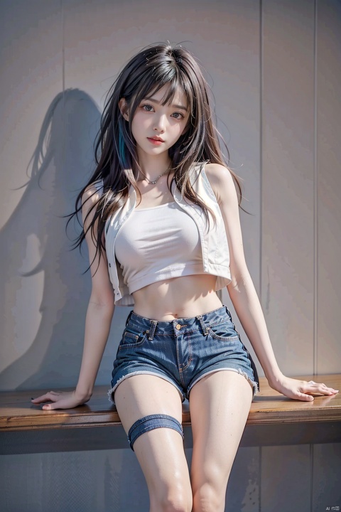 1 girl, (Stockings) , barefoot, rainbow hair, (jeans shorts) , breasts, (white vest) , long legs, sitting on the steps, outside, Blue Sky, sun, head tilted, lips, midchest, abdomen, navel, shadow, shorts, single, standing, vest, against the wall, (hands in pockets) , close shot,