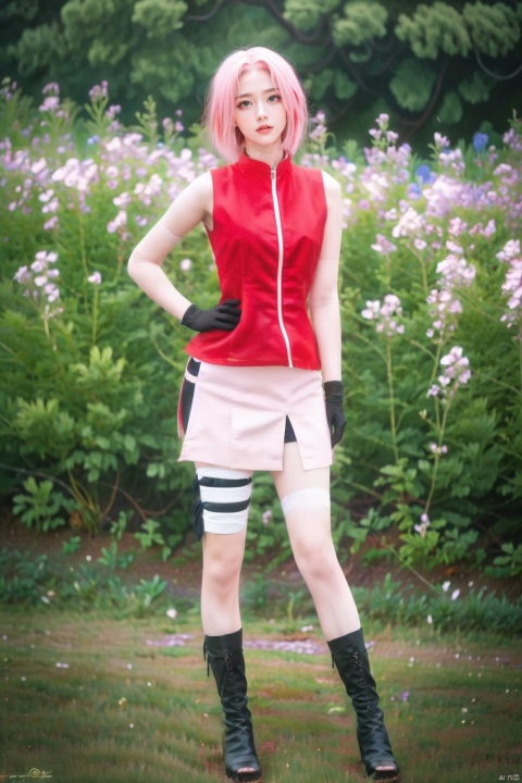  ,YING,1girl,haruno sakura,solo,pink hair,flower,green eyes,short hair,shirt,sleeveless,blurry,field,realistic,flower field,outdoors,red shirt,blurry background,looking at viewer,konohagakure symbol,boots,black footwear,jacket,day,high heels,sleeveless jacket,skirt,shorts,bandaged leg,thigh strap,butterfly,shirt,lying in the flowers,Slender legs,Long Legs,tall female,pale skin,hair band,, (raw photo:1.2),((photorealistic:1.4))best quality,masterpiece,illustration,an extremely delicate and beautiful,extremely detailed,CG,unity,8k wallpaper,Amazing,finely detail,masterpiece,best quality,official art,extremely detailed CG unity 8k wallpaper,absurdres,incredibly absurdres,huge filesize,ultra-detailed,highres,extremely detailed,beautiful detailed girl,cinematic lighting,1girl,pale skin,tall female,(perfect body shape),skinny body,Slender legs,