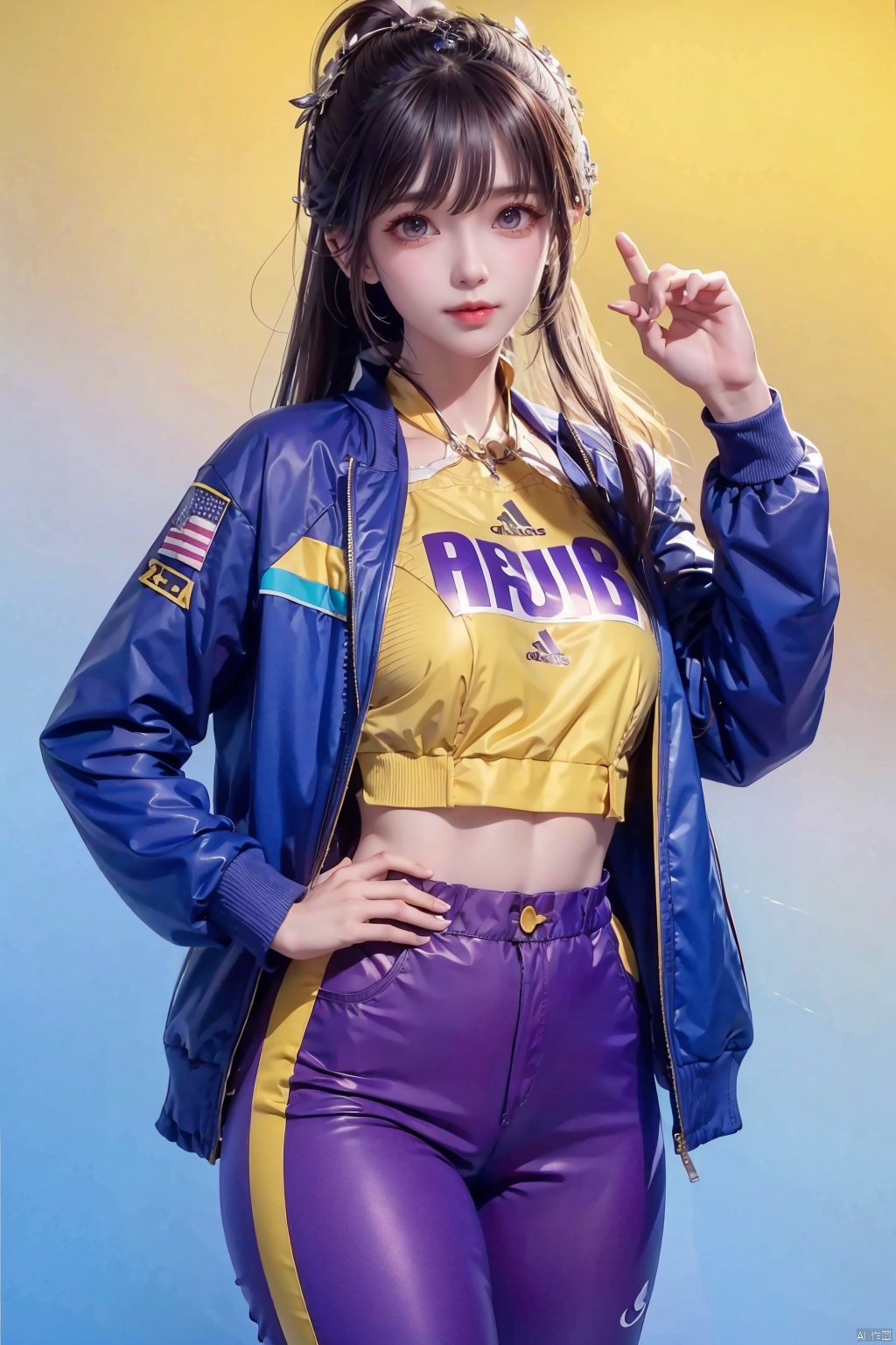  best quality, amazing quality, very aesthetic,1girl, solo, hand_in_pocket, ponytail, purple_eyes, brown_hair, looking_at_viewer, nakagawa_natsuki, smile, blue_pants, pants, closed_mouth, long_sleeves, yellow_background, v, jacket, long_hair, hand_up, standing, blue_jacket, simple_background, track_jacket, bangs, track_pants, track_suit, two-tone_background