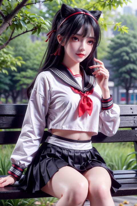  best quality, amazing quality, very aesthetic,1girl, smile, black_hair, school_uniform, skirt, long_hair, cat, black_skirt, leaf, sitting, outdoors, looking_at_viewer, holding, serafuku, black_serafuku, hairband, holding_leaf, long_sleeves, solo, shirt, blush, yellow_eyes, bench, bangs, pleated_skirt, black_shirt, closed_mouth, autumn_leaves, ribbon, falling_leaves, from_side, neckerchief, sailor_collar, tree, hair_ribbon, autumn, day, floating_hair, blurry, on_bench, red_ribbon, white_hairband, feet_out_of_frame, park_bench, blurry_background, hand_up, red_neckerchief, animal, socks, sidelocks, white_sailor_collar, breasts