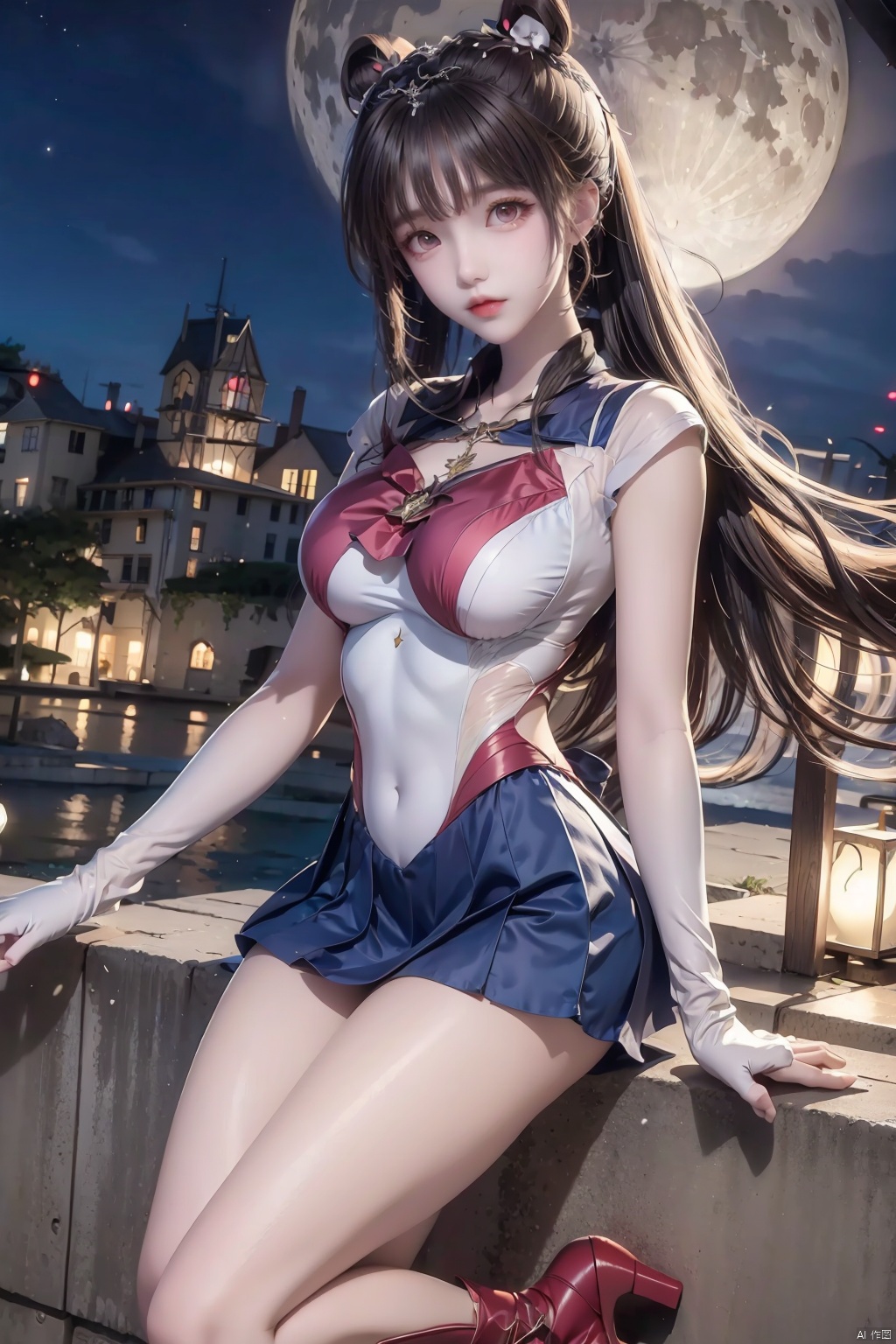  Top Quality, 1 girl, Sailor Moon, blonde hair, blue collar, boots, bow, castle, collar, city, crescent, Crescent, bun, earring, gloves, facial markings, flowers, full moon, gloves, jewelry, boots, layered skirt, lilies, lipstick, long hair, magic girl, cosmetics, Moon, night, Sailor Collar, Sailor Moon, sailor uniform, skirt, sky, solo, Star, Sky, Moon, pigtail, white shoes, white gloves, close up