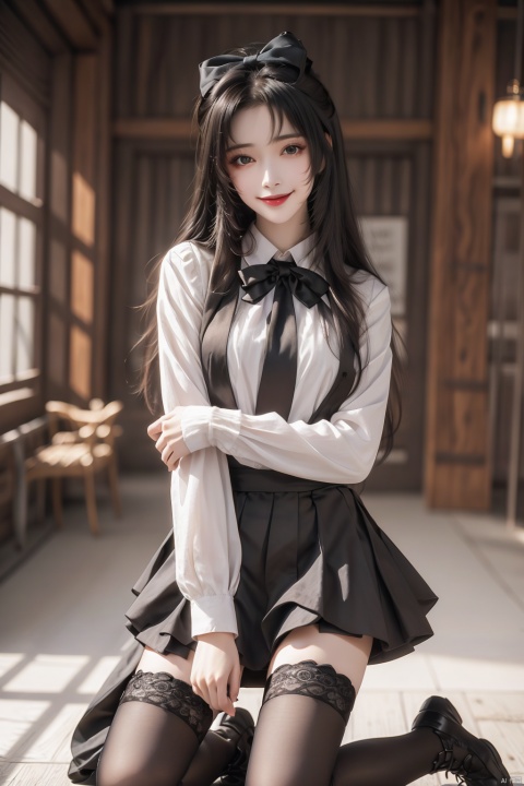  1girl, black_bow, black_hair, black_legwear, blurry, blurry_background, blurry_foreground, bow, brown_eyes, cosplay_photo, cowboy_shot, depth_of_field, dress, lips, long_hair, long_sleeves, looking_at_viewer, photo_\(medium\), photo_background, skirt, smile, solo, , thighhighs, v_arms, zettai_ryouiki，kneeling