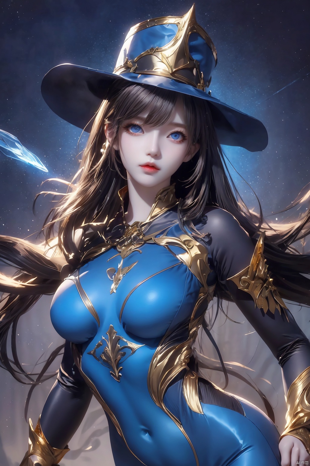  The image showcases female,blue eyes,fantasy outfit,magician,long dark hair,action pose,gold trim,oversized hat,dynamic composition,gemstones,bodysuit,epaulets,high-quality illustration,portrait orientation,mysterious,youthful appearance,star patterns,rich colors,detailed costume design,magic-themed accessories,celestial motifs.,