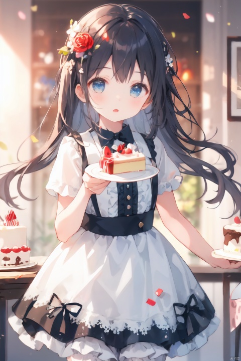  1girl, bloomers, blue_rose, blurry, blurry_background, blurry_foreground, cake, candy, checkerboard_cookie, coin, cookie, cup, depth_of_field, dress, eyebrows_visible_through_hair, flower,