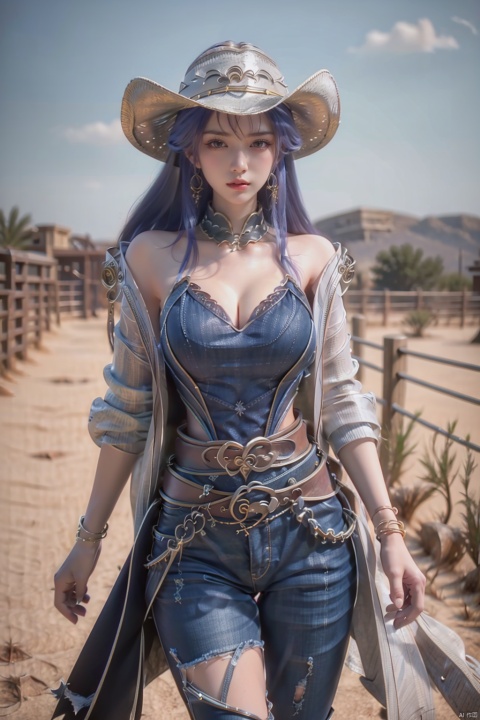 A girl, Big Boobs, belt, American Western architecture, Cowboy Hat, cowboy west, day, Denim, desert, dirty, hat, jacket, jeans, long hair, outdoors, pants, sky, solo, torn clothes, torn jeans, torn trousers, pistols at the waist, holsters,