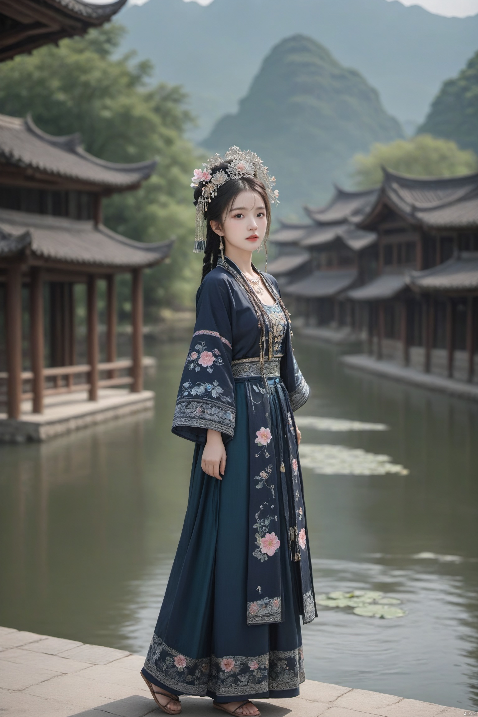  Detailed high, high precision, high quality, the UHD, 16 k, rich details, abundant element, shows that a girl, beautiful, lotus, lotus leaf, pearlygates, traditional clothing, clothing patterns, miao clothing headwear, Face Score, MAJICMIX STYLE, arien_hanfu, monkren,full-length mirror,Breast, huge,Dramatic clouds, mountains, rivers, ancient buildings,Guilin landscape, Guilin, Hangzhou,Sunny,shoes,,full body, MEINV, sunlight, 1girl, light master
