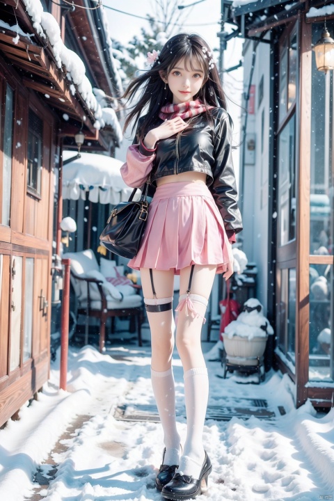  1 girl,Transparent skirt,pink face,stockings,(snow:1.2),(snowing:1.2),peach blossom,snow,solo,scarf,black hair,smile,long hair,bokeh,realistic,long coat,blurry, captivating gaze, embellished clothing, natural light, shallow depth of field, romantic setting, dreamy pastel color palette, whimsical details, captured on film,. (Original Photo, Best Quality), (Realistic, Photorealistic: 1.3), Clean, Masterpiece, Fine Detail, Masterpiece, Ultra Detailed, High Resolution, (Best Illustration), (Best Shadows), Complex, Bright light, modern clothing, (pastoral: 1.3), smiling,standing,(very very short skirt:1.5),knee socks,(white shoes: 1.4),long legs, forest, grassland,(view: 1.3), 21yo girl, striped, wangyushan, capricornus, 1girl, light master,police,pencil_skirt,yellow_dress