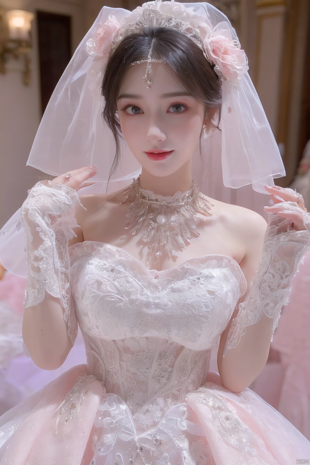  (beautiful, best quality, high quality, masterpiece:1.3)
,solo, solo focus,
huge breasts,Oval face, Water snake waist, big tits,big eye,
(pink lace wedding dress:1.49), veil, wedding gloves, holding flowers,Crystal Earring, Crystal Necklace,
18yo girl, 1girl,white_dress