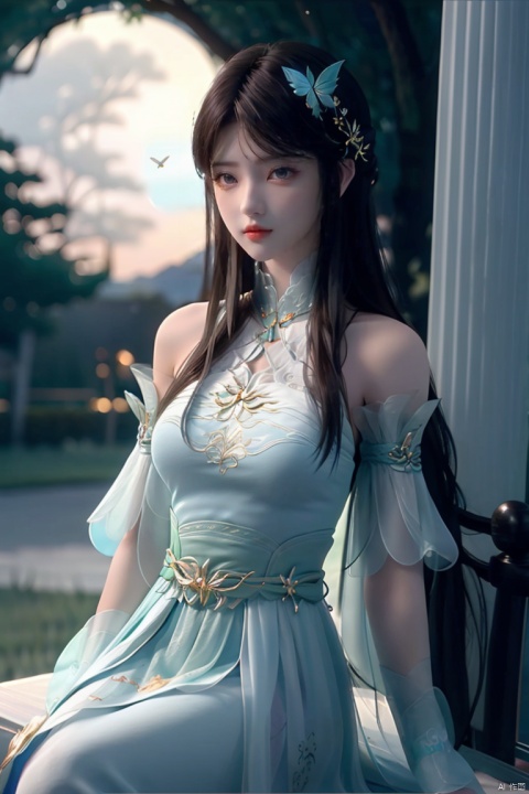  1girl, bare_shoulders, bird, blue_eyes, breasts, bug, butterfly, cloud, full_moon, hair_ornament, long_hair, looking_at_viewer, medium_breasts, moon, moonlight, night, night_sky, sitting, sky, solo, star_\(sky\), starry_sky, white_butterfly