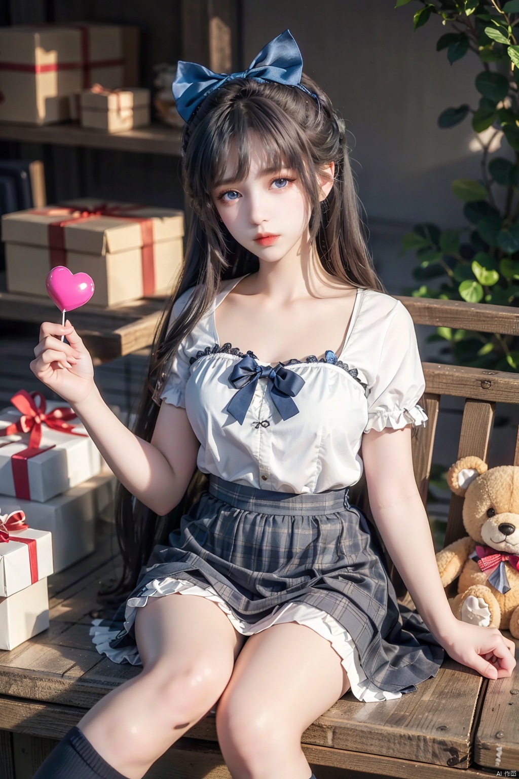 (masterpiece),(best quality),illustration,ultra detailed,hdr,Depth of field,(colorful),[iumu],[Sheya],[Artist chen bin],1girl, solo, gift, blue eyes, box, looking at viewer, gift box, candy, skirt, stuffed toy, stuffed animal, long hair, socks, food, blue theme, bow, teddy bear, sitting, shopping cart, short sleeves, shirt, holding, breasts, white shirt, hair bow, white socks, balloon, heart, collarbone, white hair, blue bow, lollipop, black skirt, medium breasts, frills