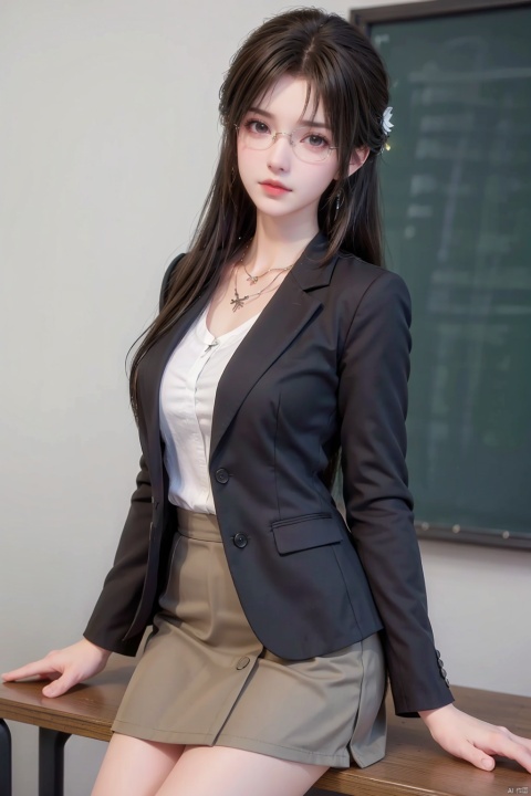  1girl, breasts, brown_eyes, brown_hair, chalkboard, classroom, cowboy_shot, desk, formal, glasses, hair_ornament, indoors, jacket, jewelry, looking_at_viewer, miniskirt, necklace, on_desk, pencil_skirt, school_desk, sitting_on_desk, skirt, solo, standing, suit