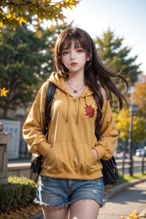  1girl, solo, best quality, orange theme, blurry background, falling leaves, holding leaf, parted lips, red eyes, long hair, brown hair, bangs, shirt, yellow hoodie, hood down, long sleeves, shoulder bag, backpack, necklace, school bag, outdoors, earbuds, fence, hand in pocket, tree, autumn leaves, drawstring, blurry foreground, depth of field, sunset, ginkgo leaf, orange sky, maple leaf, motion blur, fire