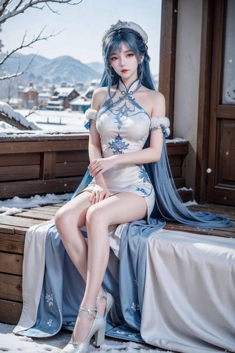 One girl, bare shoulders, blue eyes, blue hair, breasts, white floral cheongsam, fur hat, high heels, long hair, look at the audience, medium breasts, realism, sit, solo, white dress, white shoes, sit, snow,