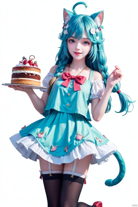 yellow mix cyan, 1girl, animal ears, tail, cat ears, hat, , cat tail, blonde hair, open mouth, food, braid, smile, cake, white background, short sleeves, cat girl, bow, solo, skirt, holding, ;d, black legwear, black headwear, plate, shoes, fang, bag, puffy sleeves, wrist cuffs, top hat, blush, long hair, vest, black footwear, mini hat, looking at viewer, puffy short sleeves, shirt, holding plate, animal ear fluff, black skirt, white shirt, standing, standing on one leg, simple background, red bow, star \(symbol\), frills, sparkle, striped, black vest, tilted headwear, striped bow, frilled skirt, socks, bangs, kneehighs, single braid, mini top hat, shoulder bag, red eyes, twin braids, blush stickers, cake slice, leg up, bowtie, loafers, eyebrows visible through hair, tail raised, watch, ribbon，kneel