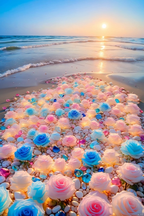  The edge of the white beach is covered with colorful glowing creatures and pebbles, and the picture is a light blue transparent one. The heart sprinkled on the sand is a light blue rose, with various colors, artistic optics, smooth and transparent glowing creatures and pebbles, heart-shaped, pink stones laid out in a heart-shaped shape, marble, sunlight, ultra wide perspective, sunlight ocean volume light, surrealism, ultra wide field of view, aerial photography, ultra wide field of view, ultra high definition image quality, 8K, high detail, rendered to octane value, ultra long lens, beautiful sunshine