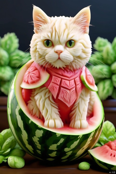  watermeloncarving,super cute fluffy cat warrior in armor, photorealistic, 4K, ultra detailed, vray rendering, unreal engine, mysterious, masterpiece, best quality,super realistic,crazy etails