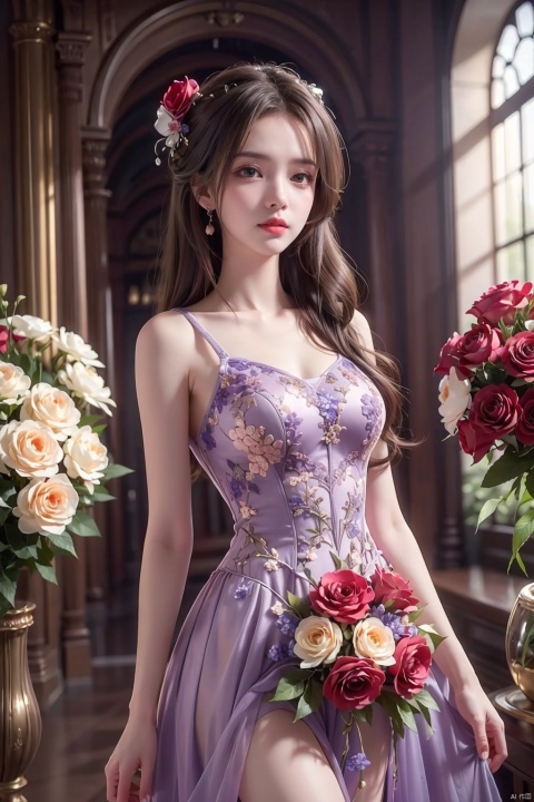  DSLR, (Good structure), HDR, UHD, 8K, A real person, Highly detailed, best quality, masterpiece, 1girl, realistic, Highly detailed, (EOS R8, 50mm, F1.2, 8K, RAW photo:1.2), ultra realistic 8k, 

flower,purple rose,purple flower,hair flower,hair ornament,
, , weddingdress, , whitedress, ,, dress, ,red dress, huolinger