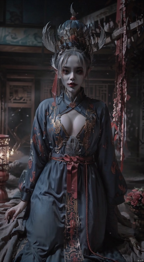  High quality, masterpiece, 1 girl, jiangshi, qing_ Guanmao, no bra,breast curtains,china dress,jiangchen
