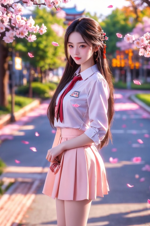  masterpiece,1 Girl,18 years old,Stand,Look at me,Lovely,Sweet,Wearing a school uniform,Students,Tie,Miniskirt,Outdoors,Aisle,Spring,Peach blossom,Flying petals,Long hair,textured skin,super detail,best quality, (\meng ze\)