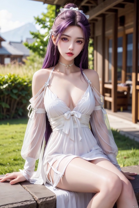  1girl, breasts, collarbone, dress, hair_ornament, holding_clothes, lips, lipstick, long_hair, looking_at_viewer, makeup, medium_breasts, outdoors, purple_eyes, purple_hair, see-through, see-through_silhouette, solo,  white_dress, white_ribbon，sitting