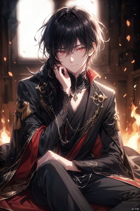  best quality ,masterpiece, ultra-detailed, highres, a 22 years old male, handsome male,medium build,extremely detailed eyes and face, light on face,cinematic lighting,turning around,looking down,(hand on face:1.2), evil smile, Sitting on a small fire mound,side sitting,quite black hair,fluffy bangs, medium hair,hair strand,wind,dark red eyes,deep black detail robe