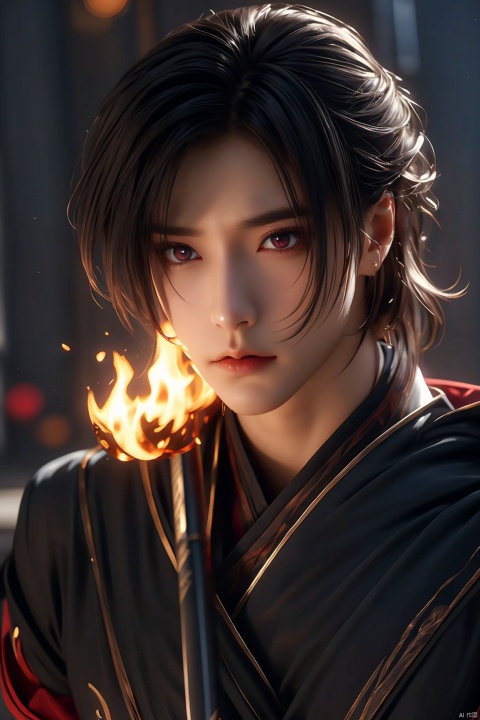  best quality,masterpiece, ultra-detailed, highres,(1 youth male:1.4), solo focus, cowboy shot,(fighting_stance,hand holding on fire black Katana:1.2),light on face,cinematic lighting,looking down, standing on fire mound,quite black hair,fluffy bangs, medium hair,hair strand,wind,flame and dark red eyes,deep black detail robe, black hood,(dark fire magic to attack:1.2),angry,Frown,eyebrows furrowed