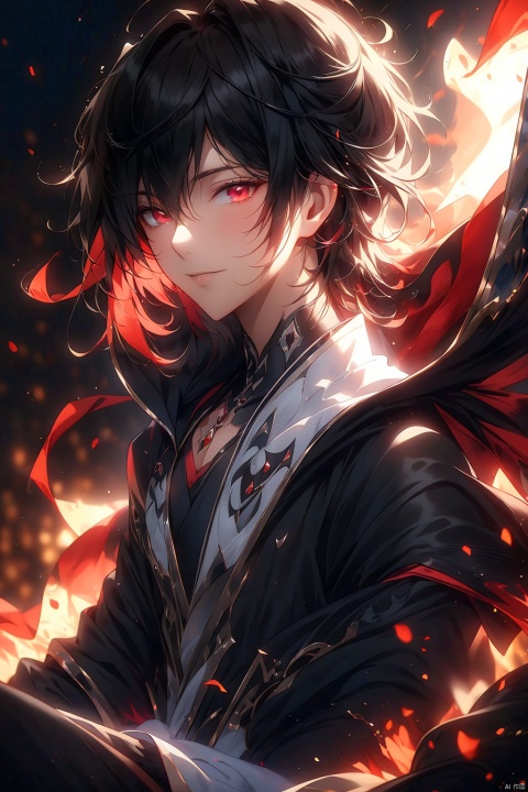  best quality ,masterpiece, ultra-detailed, highres, a 22 years old male, handsome male,medium build,extremely detailed eyes and face, light on face,cinematic lighting,turning around,looking down,(hand cover half face:1.2), evil smile, Sitting on a small fire mound,side sitting,quite black hair,fluffy bangs, medium hair,hair strand,wind,dark red eyes,deep black detail robe