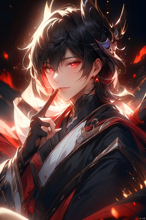  best quality ,masterpiece, ultra-detailed, highres, a male,handsome male,medium build,extremely detailed eyes and face, light on face,cinematic lighting,turning around,looking down,(put finger to lips,shushing:1.2), evil smile, Sitting on a small fire mound,side sitting,quite black hair,fluffy bangs, medium hair,hair strand,wind,dark red eyes,deep black detail robe