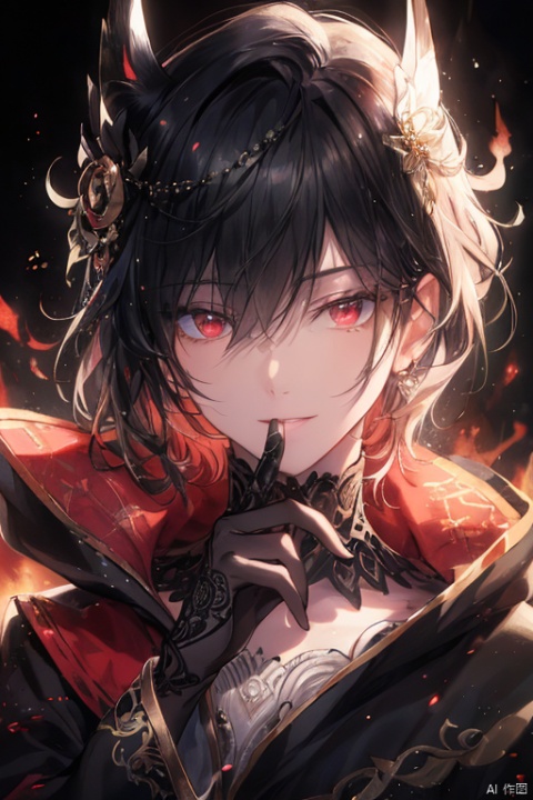  best quality ,masterpiece, ultra-detailed, highres, a male,handsome male,medium build,extremely detailed eyes and face, light on face,cinematic lighting,turning around,looking down,(put finger to lips,shushing:1.2), evil smile, Sitting on a small fire mound,side sitting,quite black hair,fluffy bangs, medium hair,hair strand,wind,dark red eyes,deep black detail robe