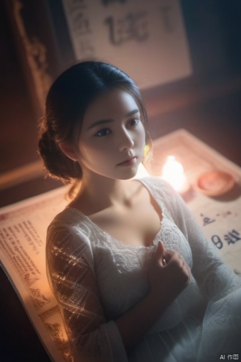 Double Exposure Style,Volumetric Lighting,a girl with Lace blouse,resting on a diagonal,Traditional Attire,Artistic Calligraphy and Ink,nsfw,light depth,dramatic atmospheric lighting,Volumetric Lighting,double image ghost effect,image combination,double exposure style,1girl